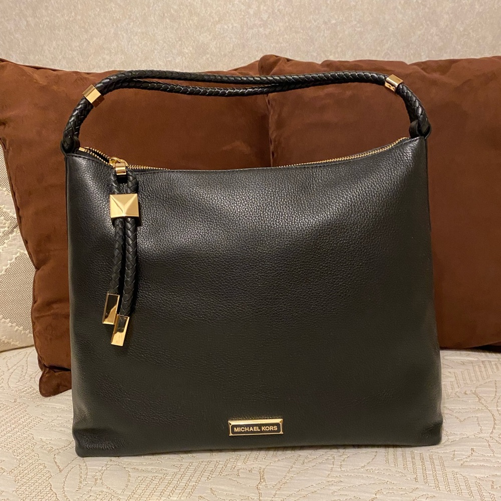Michael Kors Black Leather Shoulder Bag, Braided Handle and Gold Hardware NWT!